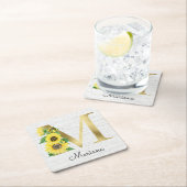 Monogram Gold Sunflower Girly Floral Initial Rechteckiger Pappuntersetzer (Vor Ort)