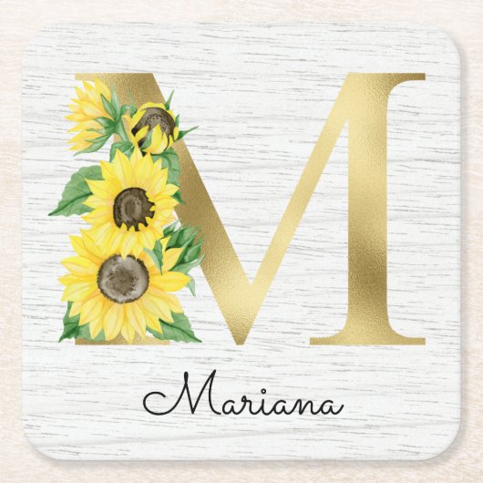 Monogram Gold Sunflower Girly Floral Initial Rechteckiger Pappuntersetzer (Vorderseite)