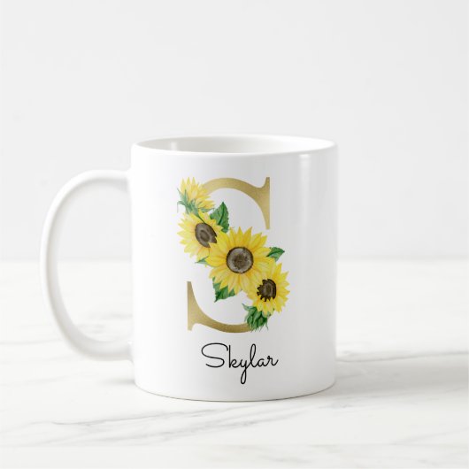 Monogram Gold Sunflower Girly Floral Initial S Kaffeetasse (Links)