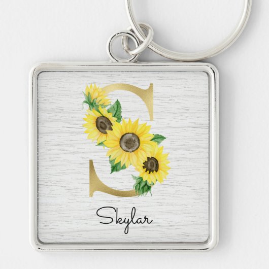 Monogram Gold Sunflower Girly Floral Initial S Schlüsselanhänger (Vorne)