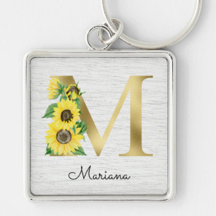 Monogram Gold Sunflower Girly Floral Initial Schlüsselanhänger