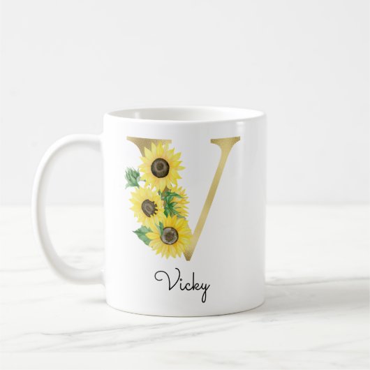 Monogram Gold Sunflower Girly Floral Initial V Kaffeetasse (Links)