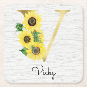 Monogram Gold Sunflower Girly Floral Initial V Rechteckiger Pappuntersetzer
