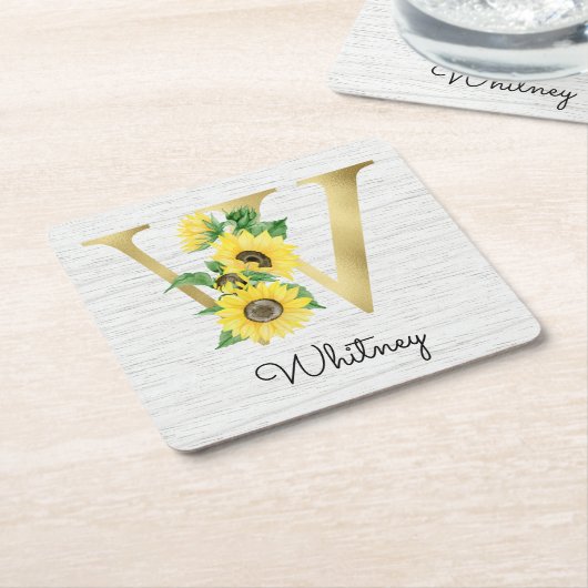 Monogram Gold Sunflower Girly Floral Initial W Rechteckiger Pappuntersetzer (angewinkelt)