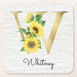 Monogram Gold Sunflower Girly Floral Initial W Rechteckiger Pappuntersetzer