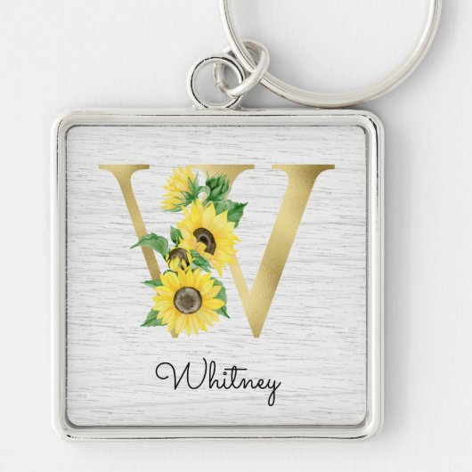 Monogram Gold Sunflower Girly Floral Initial W Schlüsselanhänger (Vorne)