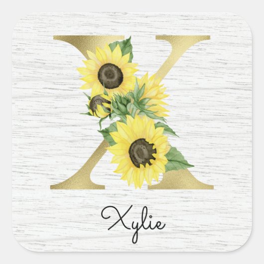 Monogram Gold Sunflower Girly Floral Initial X Quadratischer Aufkleber (Vorderseite)