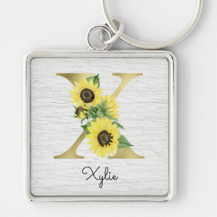 Monogram Gold Sunflower Girly Floral Initial X Schlüsselanhänger