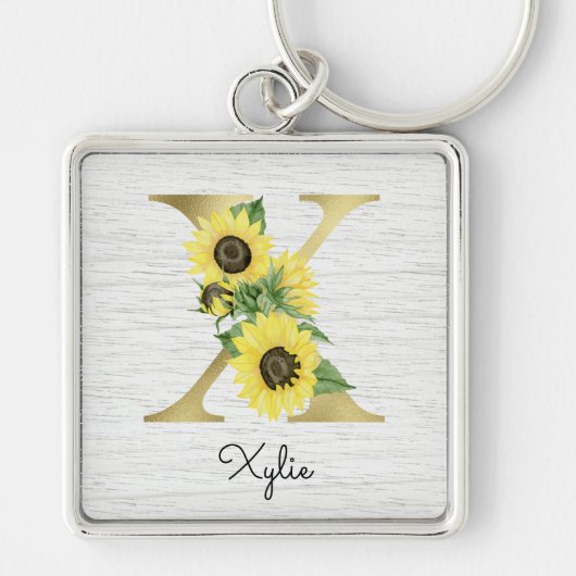 Monogram Gold Sunflower Girly Floral Initial X Schlüsselanhänger (Vorne)
