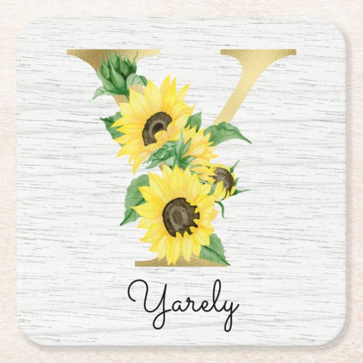 Monogram Gold Sunflower Girly Floral Initial Y Rechteckiger Pappuntersetzer (Vorderseite)