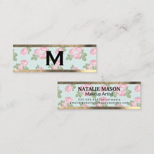 Monogram Gold Trim | Rose und Polka-Punkte Mini Visitenkarte (Vorne/Hinten)