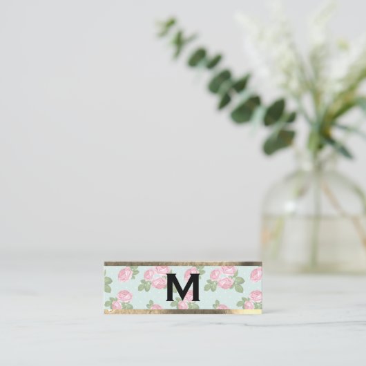 Monogram Gold Trim | Rose und Polka-Punkte Mini Visitenkarte (Stehend Vorderseite)