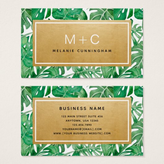 Monogram Gold Tropical Blätter Business Cards (Vorne & Hinten)