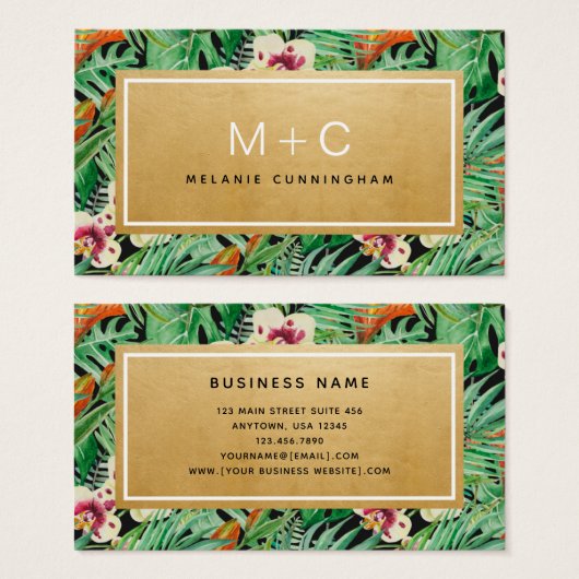 Monogram Gold Tropical Blätter Business Cards (Vorne & Hinten)