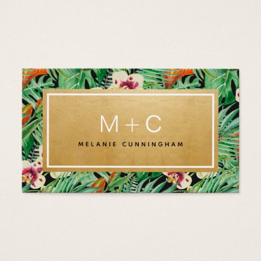 Monogram Gold Tropical Blätter Business Cards (Vorderseite)
