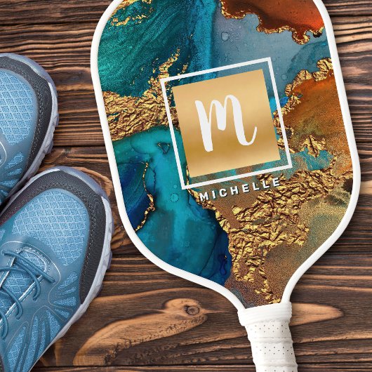 Monogram Gold Turquoise Orange Marmor Wasserfarbe Pickleball Schläger