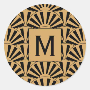 Monogram Gold und Black Art Deco Blume Motif Runder Aufkleber