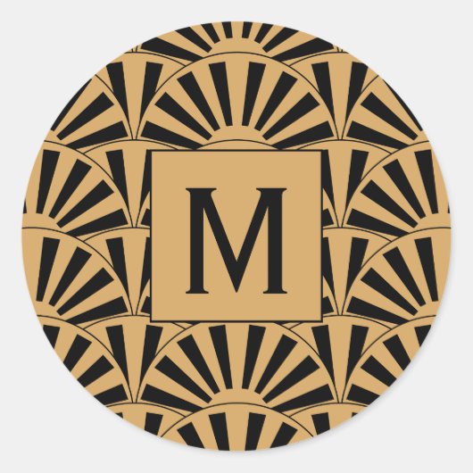 Monogram Gold und Black Art Deco Blume Motif Runder Aufkleber (Vorderseite)