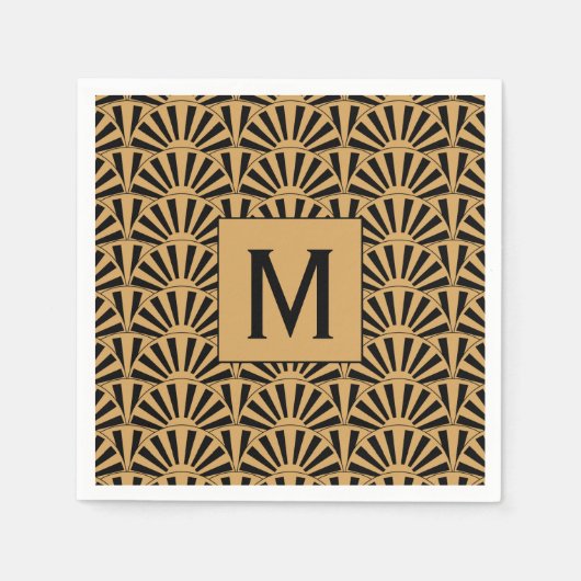 Monogram Gold und Black Art Deco Blume Motif Serviette (Vorderseite)