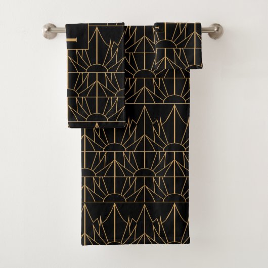 Monogram Gold und Black Art Deco Muster Badhandtuch Set (Insitu)