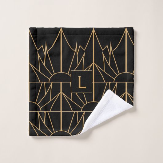 Monogram Gold und Black Art Deco Muster Badhandtuch Set (Waschlappen)