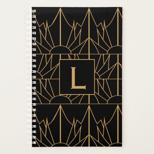 Monogram Gold und Black Art Deco Muster Planer (Vorderseite)