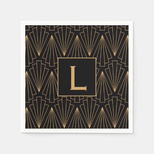 Monogram Gold und Black Art Deco Muster Serviette (Vorderseite)