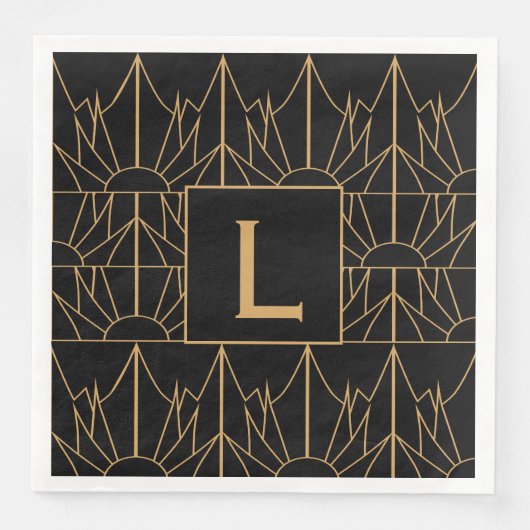 Monogram Gold und Black Art Deco Muster Serviette (Vorderseite)