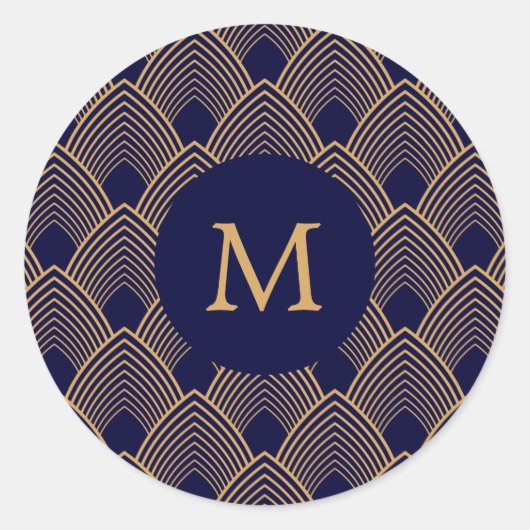 Monogram Gold und Blue Art Deco Muster Runder Aufkleber (Vorderseite)
