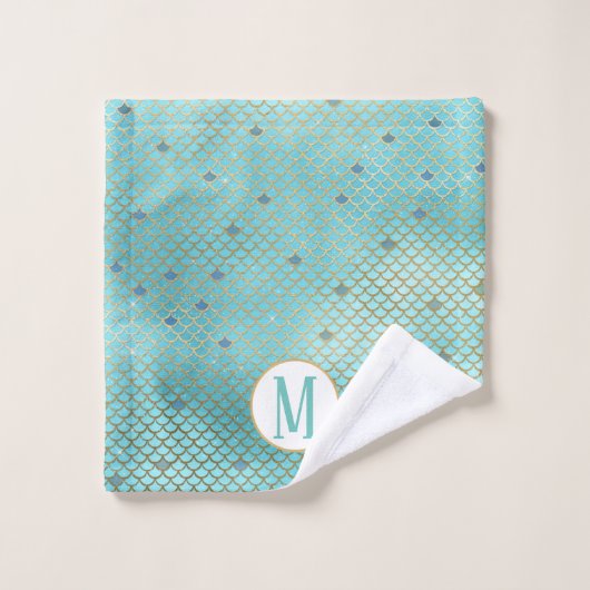 Monogram Gold und Blue Ombre Mermaid Scales Badhandtuch Set (Waschlappen)