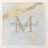 Monogram Gold und Graumarmor Glasuntersetzer (Vorderseite)