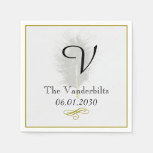 Monogram Gold und White Feather Wedding Napkin