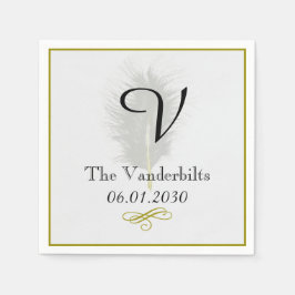 Monogram Gold und White Feather Wedding Napkin Serviette