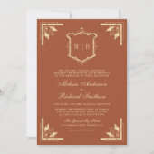 Monogram, Gold Wappen QR Code Terracotta Wedding Einladung (Vorderseite)