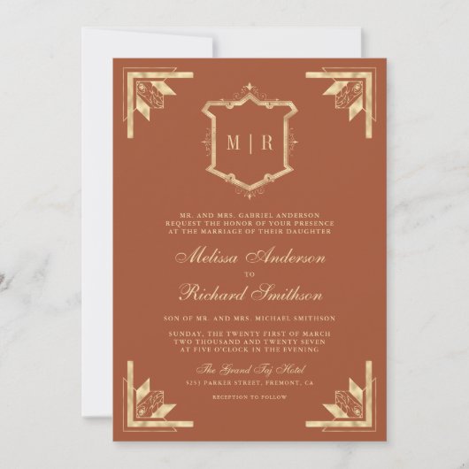 Monogram, Gold Wappen QR Code Terracotta Wedding Einladung (Vorderseite)