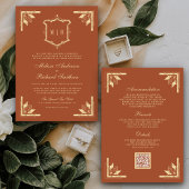 Monogram, Gold Wappen QR Code Terracotta Wedding Einladung