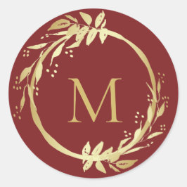 Monogram Gold Wine Christmas Wreath Umschlag Aufkl Runder Aufkleber