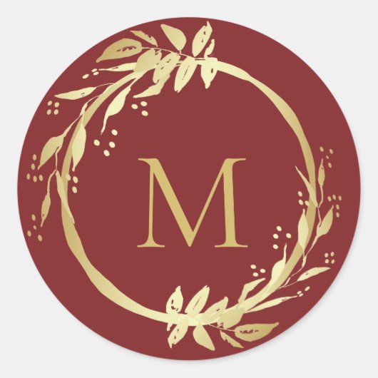 Monogram Gold Wine Christmas Wreath Umschlag Aufkl Runder Aufkleber (Vorderseite)