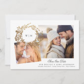 Monogram Gold Wreath Collage Foto Wedding Save The Date (Vorderseite)
