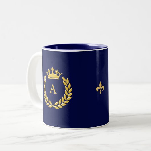 Monogram & Golden Crown & Laurel on Navy Blue Zweifarbige Tasse (Vorderseite Links)