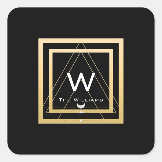 Monogram Golden Frame Minimalism Geometrie Schwarz Quadratischer Aufkleber (Vorderseite)