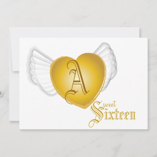 Monogram Golden Winged Heart Sweet 16-Cust. Einladung (Vorderseite)