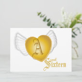 Monogram Golden Winged Heart Sweet 16-Cust. Einladung (Stehend Vorderseite)