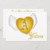 Monogram Golden Winged Heart Sweet 16-Cust. Einladung (Vorne/Hinten)