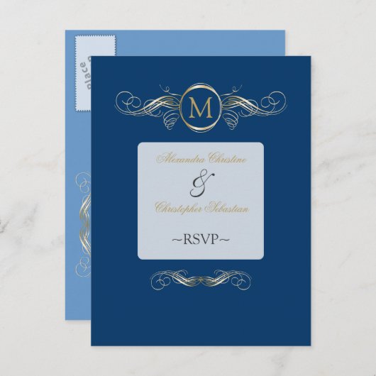 Monogram Golden Wirbel Elegant Blue UAWG Einladungspostkarte (Vorne/Hinten)