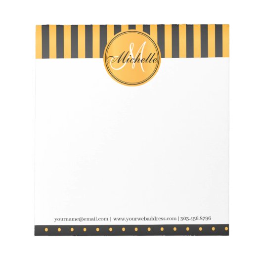 Monogram Golden Yellow and Black Polka Dot Stripes Notizblock (Vorderseite)
