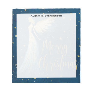 Monogram Goldener Weihnachtsengel auf Sternenblau Notizblock