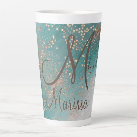 Monogram-Goldstars auf Aquamariner Latte-Tasse Milchtasse (Vorderseite)