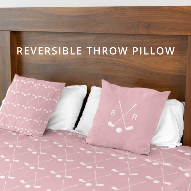Monogram Golf Club Pattern Pink Reversible Modern Kissen (Clean, modern golf style in blush pink and white.)