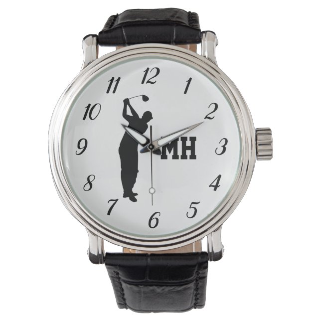 Monogram Golfer Black Golf Elegante Moderne Armbanduhr (Vorderseite)